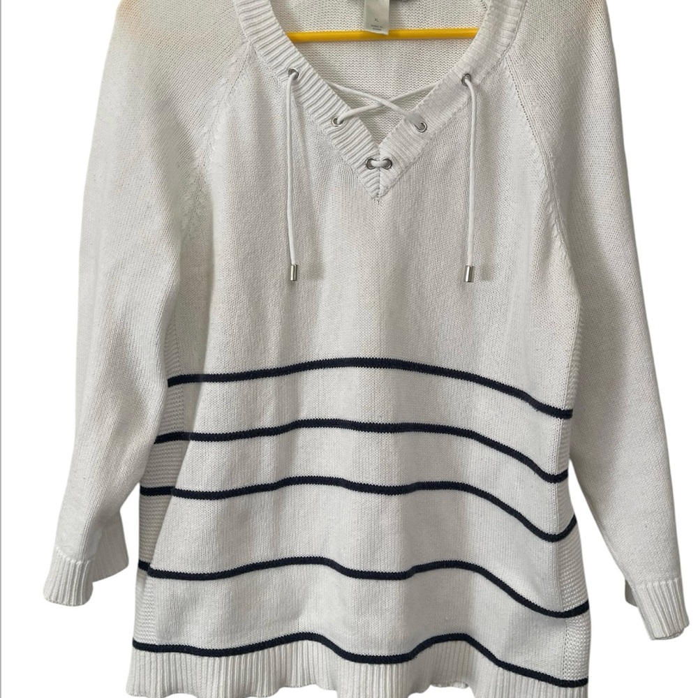 Christopher & Banks White Sweater with Navy Stripes Women’s XL Cotton/Knit